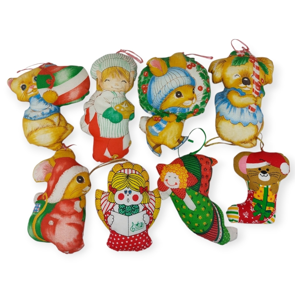 Vtg 70s Stuffed Fabric Christmas Ornaments Lot of 8 Handmade